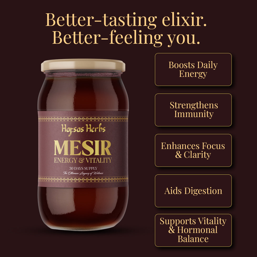 Jar of Hafsas Herbs mesir macunu with product benefits on a dark background