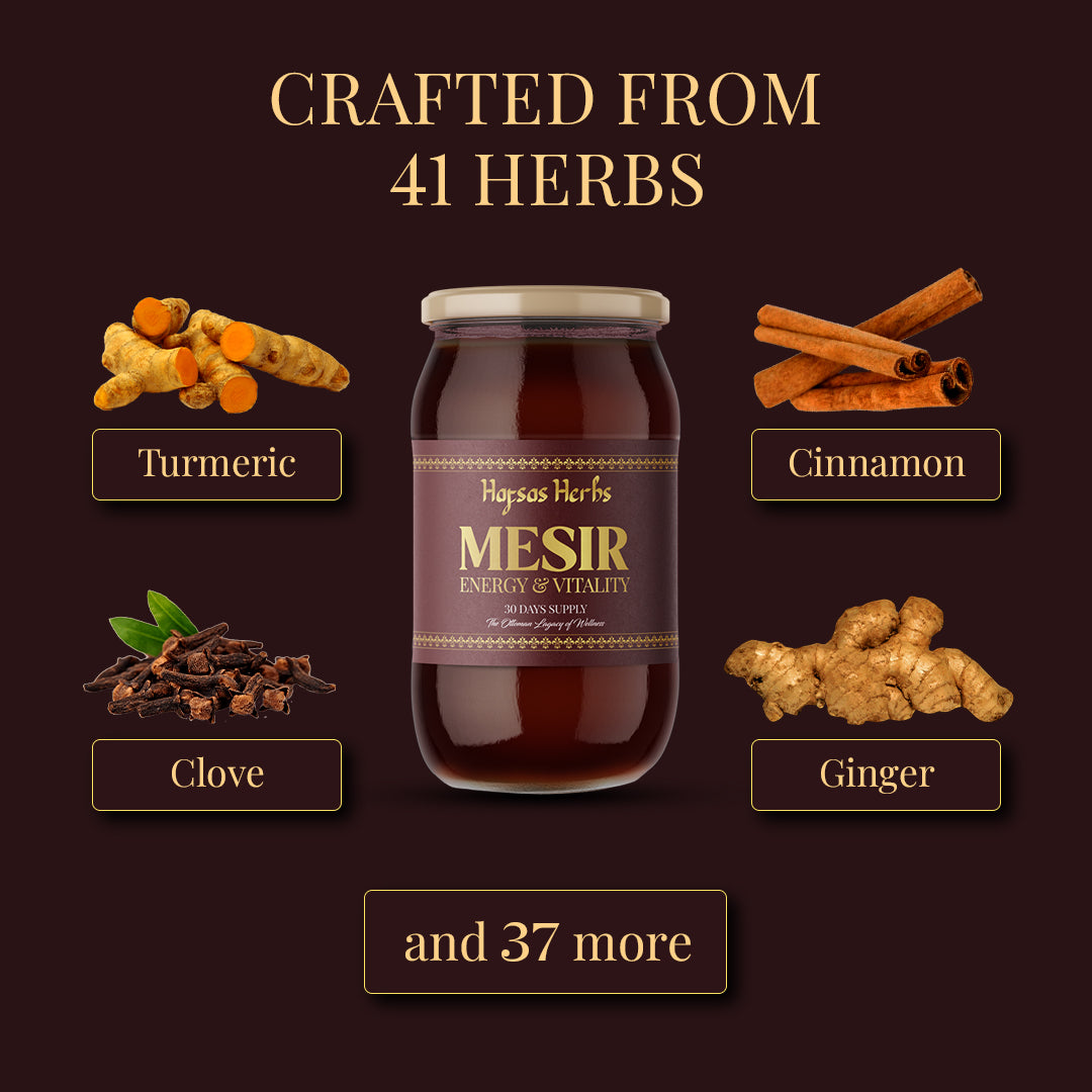 Bottle of hafsas herbs mesir macunu with ingredients like turmeric, cinnamon, clove, and ginger on a dark background