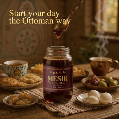 Jar of Mesir with a spoonful being poured, surrounded by turkish breakfast items on a wooden table.