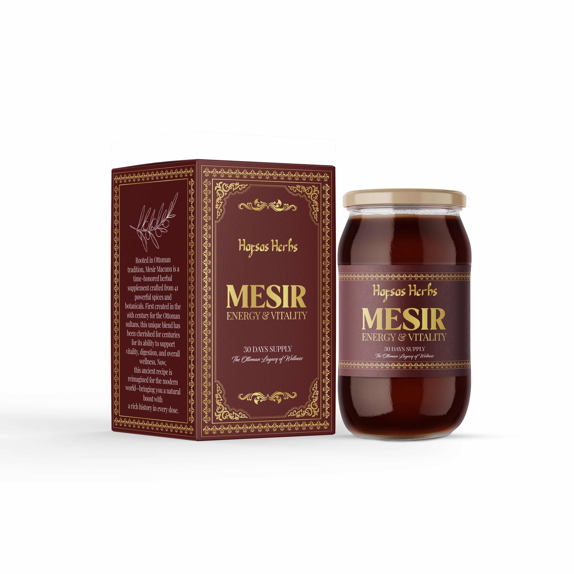 Jar and box of hafsas herbs Mesir macunu on a white background